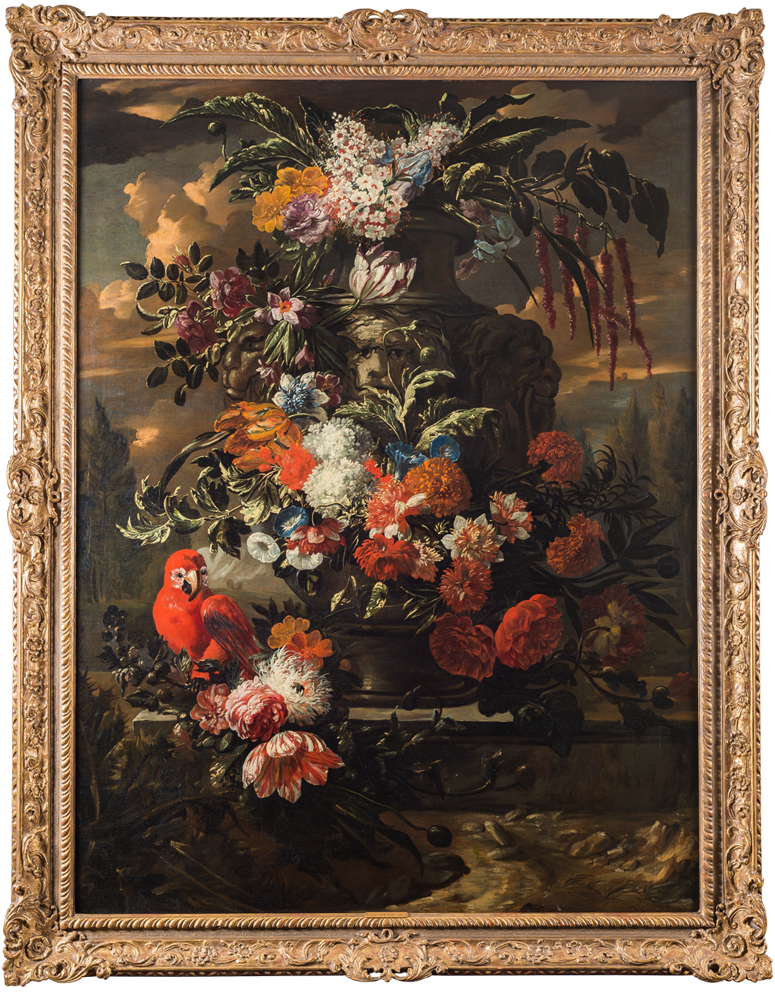 Still life with flower vase and parrot